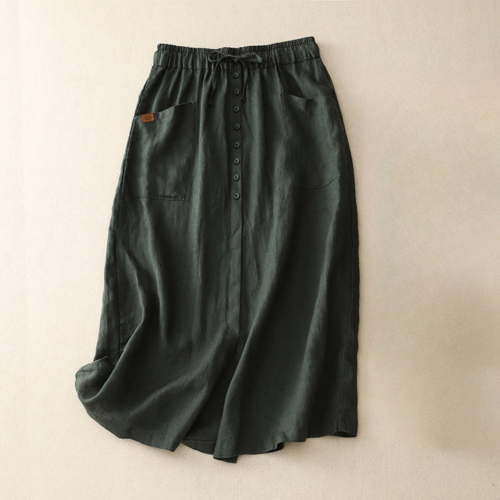 Spódnica damska z bawełny i lnu Buddha Stones Spring Lace-Up z rozcięciem na guziki i kieszeniami - Ciemnozielony - US8-10，UK/AU12-14，EU40-42 (2XL) - image 7