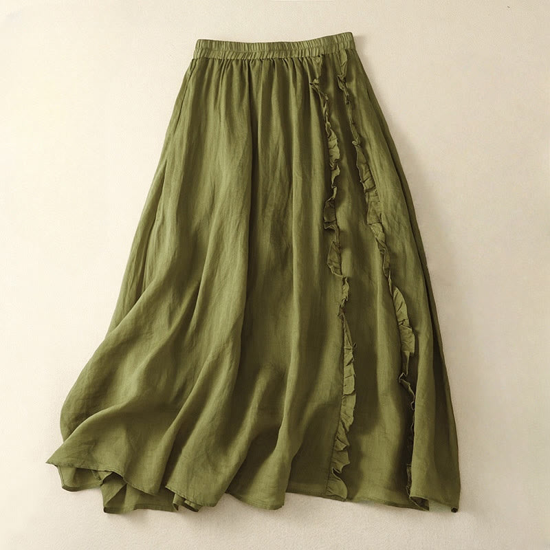 Spódnica bawełniana damska Buddha Stones Summer Plain Ruffle Design - Oliwkowy - US8-10，UK/AU12-14，EU40-42 (2XL) - image 0