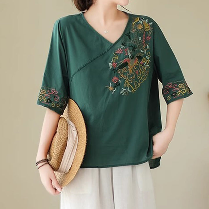 Buddha Stones Casual Kolorowe haftowane rośliny wzór ptaków Damska koszulka z dekoltem w serek Półrękaw bawełniany T-shirt - image 3