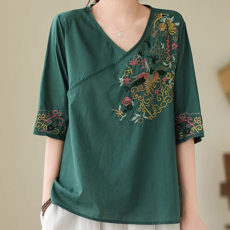 Buddha Stones Casual Kolorowe haftowane rośliny wzór ptaków Damska koszulka z dekoltem w serek Półrękaw bawełniany T-shirt - image 1