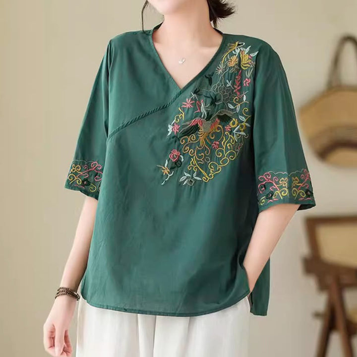 Buddha Stones Casual Kolorowe haftowane rośliny wzór ptaków Damska koszulka z dekoltem w serek Półrękaw bawełniany T-shirt - SeaGreen - US12, UK/AU16, EU44 (3XL) - image 0