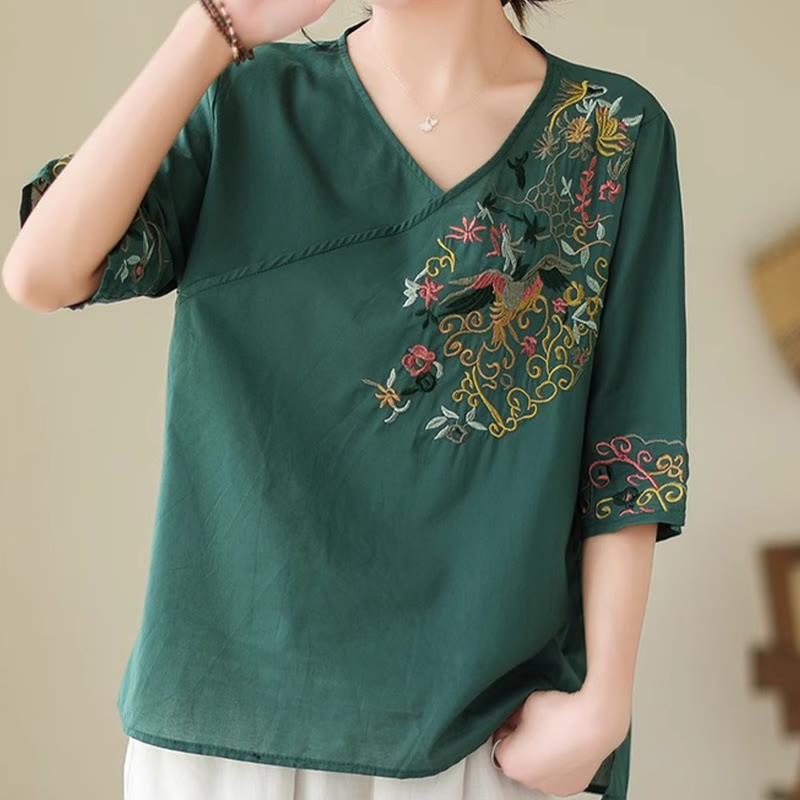 Buddha Stones Casual Kolorowe haftowane rośliny wzór ptaków Damska koszulka z dekoltem w serek Półrękaw bawełniany T-shirt - image 2