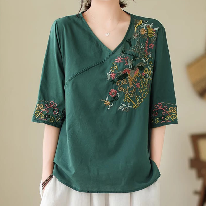 Buddha Stones Casual Kolorowe haftowane rośliny wzór ptaków Damska koszulka z dekoltem w serek Półrękaw bawełniany T-shirt - image 4