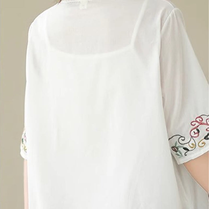 Buddha Stones Casual Kolorowe haftowane rośliny wzór ptaków Damska koszulka z dekoltem w serek Półrękaw bawełniany T-shirt - image 8