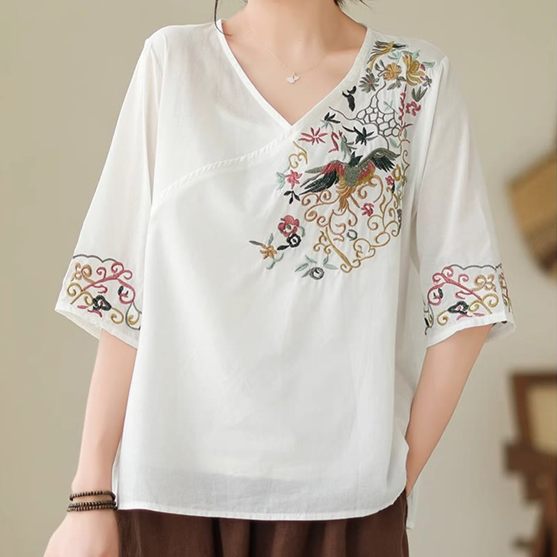 Buddha Stones Casual Kolorowe haftowane rośliny wzór ptaków Damska koszulka z dekoltem w serek Półrękaw bawełniany T-shirt - Biały - US12, UK/AU16, EU44 (3XL) - image 5