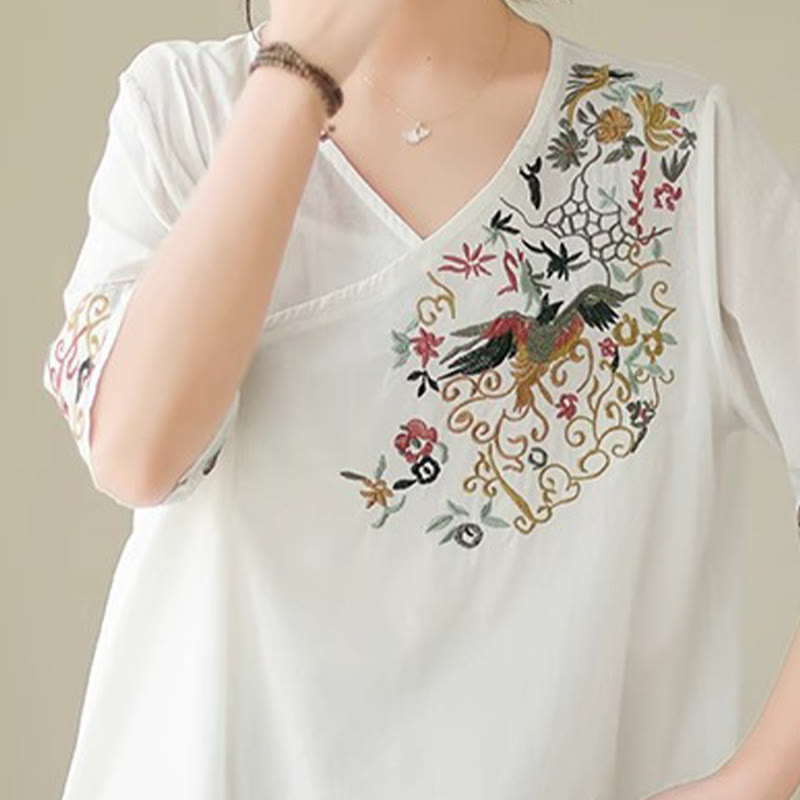 Buddha Stones Casual Kolorowe haftowane rośliny wzór ptaków Damska koszulka z dekoltem w serek Półrękaw bawełniany T-shirt - image 7