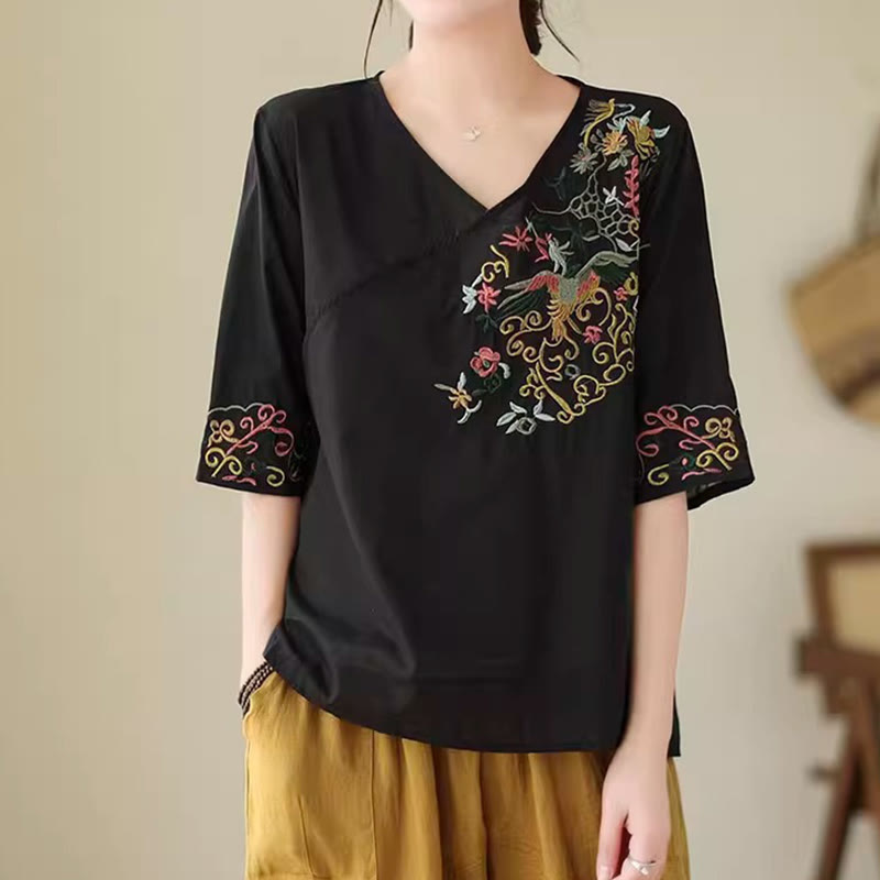 Buddha Stones Casual Kolorowe haftowane rośliny wzór ptaków Damska koszulka z dekoltem w serek Półrękaw bawełniany T-shirt - image 13