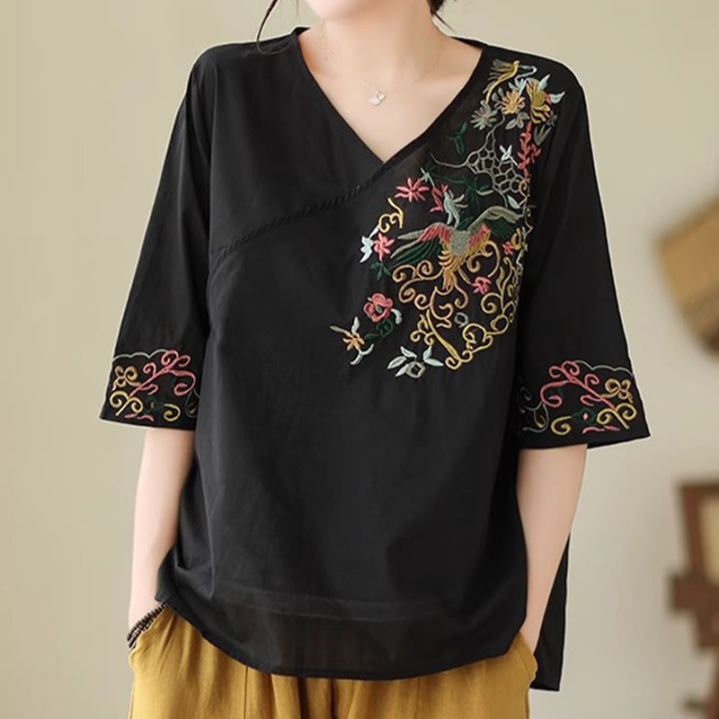 Buddha Stones Casual Kolorowe haftowane rośliny wzór ptaków Damska koszulka z dekoltem w serek Półrękaw bawełniany T-shirt - image 14