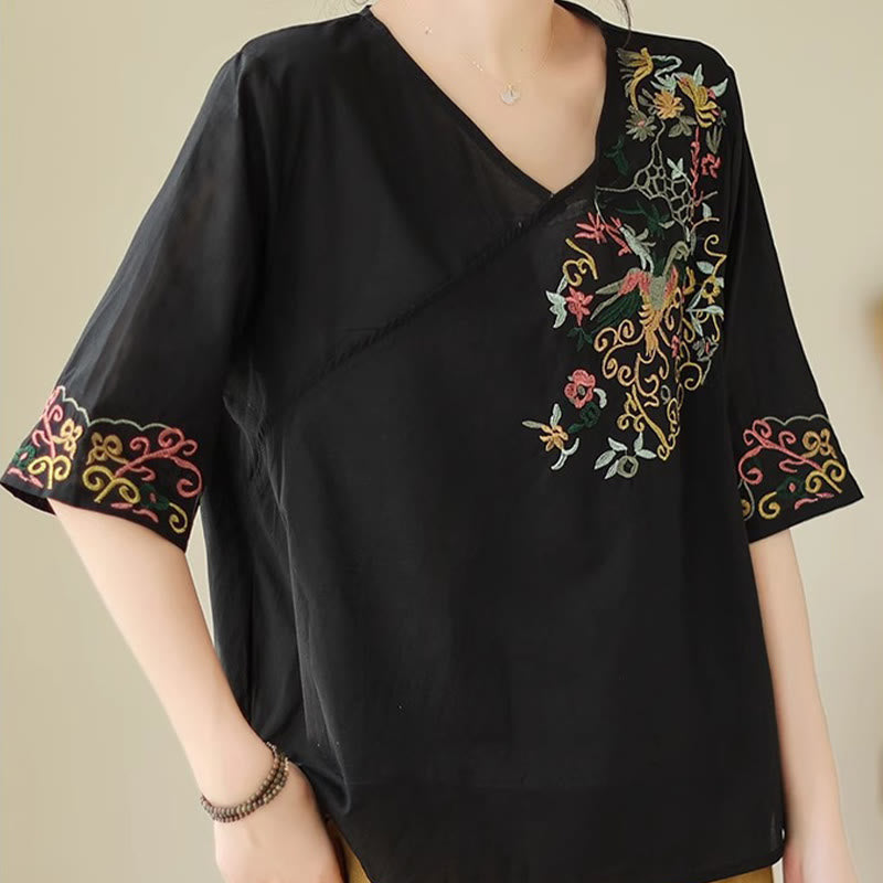 Buddha Stones Casual Kolorowe haftowane rośliny wzór ptaków Damska koszulka z dekoltem w serek Półrękaw bawełniany T-shirt - image 15