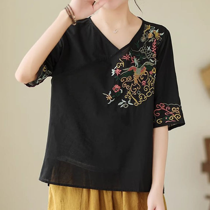 Buddha Stones Casual Kolorowe haftowane rośliny wzór ptaków Damska koszulka z dekoltem w serek Półrękaw bawełniany T-shirt - image 12