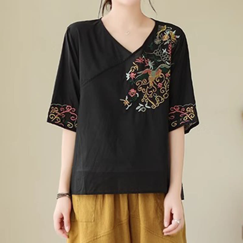 Buddha Stones Casual Kolorowe haftowane rośliny wzór ptaków Damska koszulka z dekoltem w serek Półrękaw bawełniany T-shirt - Czarny - US12, UK/AU16, EU44 (3XL) - image 11