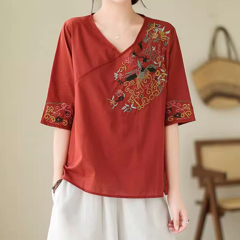 Buddha Stones Casual Kolorowe haftowane rośliny wzór ptaków Damska koszulka z dekoltem w serek Półrękaw bawełniany T-shirt - image 17