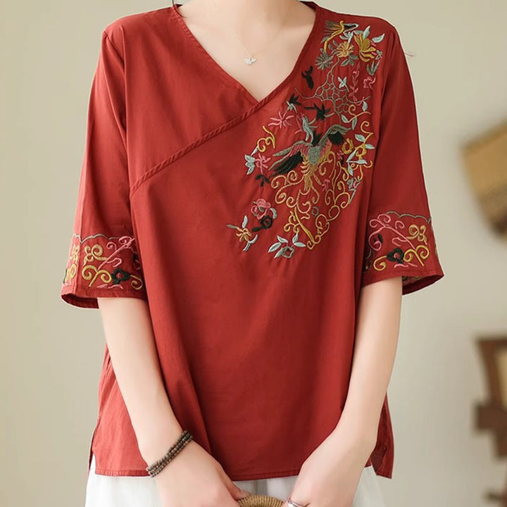 Buddha Stones Casual Kolorowe haftowane rośliny wzór ptaków Damska koszulka z dekoltem w serek Półrękaw bawełniany T-shirt - image 19
