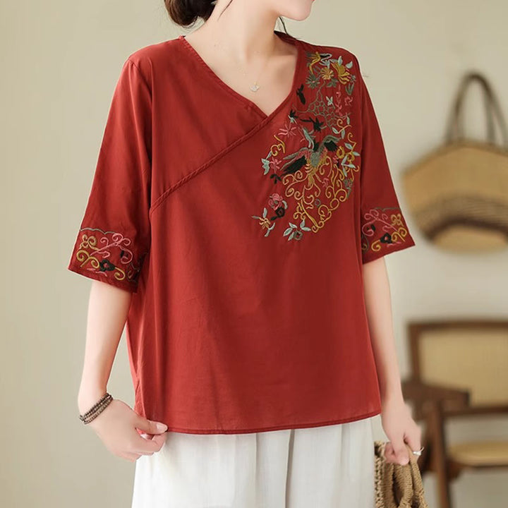 Buddha Stones Casual Kolorowe haftowane rośliny wzór ptaków Damska koszulka z dekoltem w serek Półrękaw bawełniany T-shirt - image 18