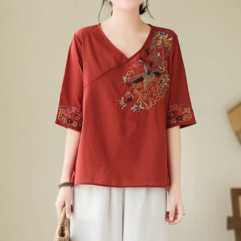 Buddha Stones Casual Kolorowe haftowane rośliny wzór ptaków Damska koszulka z dekoltem w serek Półrękaw bawełniany T-shirt - Cegła ogniotrwała - US12, UK/AU16, EU44 (3XL) - image 16