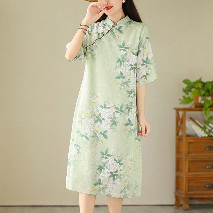 Sukienka midi z żakardową bawełną i lnem w stylu chińskim, cheongsam, z krótkim rękawem i kieszeniami, w kwiaty i Buddha Stones - PaleGreen - US8-10，UK/AU12-14，EU40-42 (2XL) - image 0