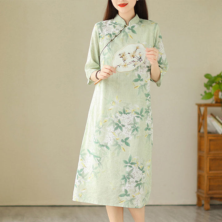 Sukienka midi z żakardową bawełną i lnem w stylu chińskim, cheongsam, z krótkim rękawem i kieszeniami, w kwiaty i Buddha Stones - image 4