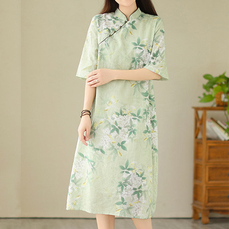 Sukienka midi z żakardową bawełną i lnem w stylu chińskim, cheongsam, z krótkim rękawem i kieszeniami, w kwiaty i Buddha Stones - image 4