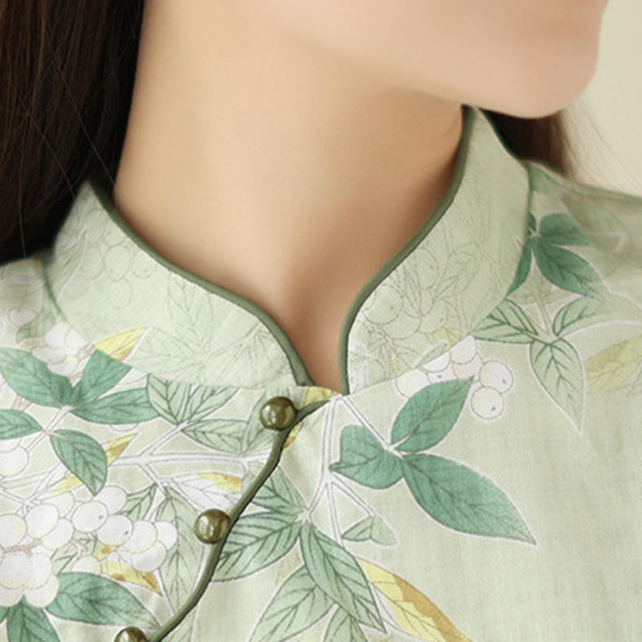 Sukienka midi z żakardową bawełną i lnem w stylu chińskim, cheongsam, z krótkim rękawem i kieszeniami, w kwiaty i Buddha Stones - image 7