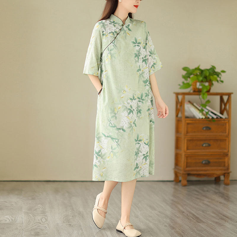 Sukienka midi z żakardową bawełną i lnem w stylu chińskim, cheongsam, z krótkim rękawem i kieszeniami, w kwiaty i Buddha Stones - image 6