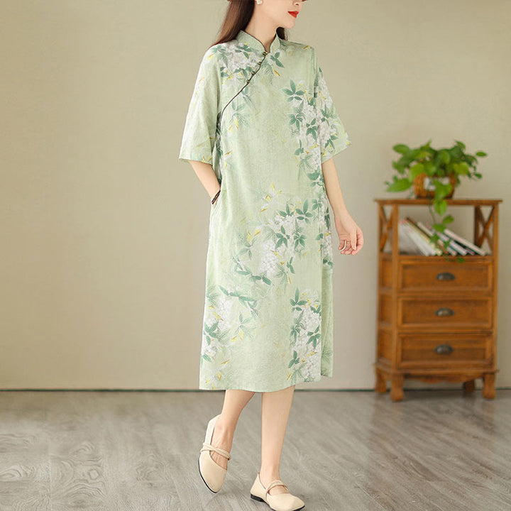 Sukienka midi z żakardową bawełną i lnem w stylu chińskim, cheongsam, z krótkim rękawem i kieszeniami, w kwiaty i Buddha Stones - image 6