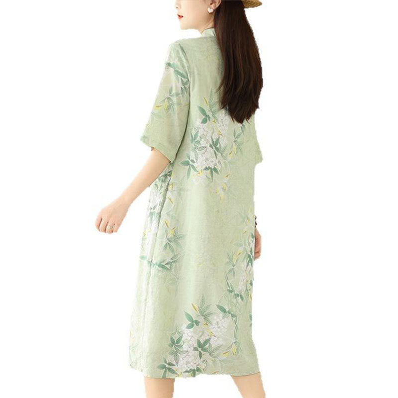 Sukienka midi z żakardową bawełną i lnem w stylu chińskim, cheongsam, z krótkim rękawem i kieszeniami, w kwiaty i Buddha Stones - image 11