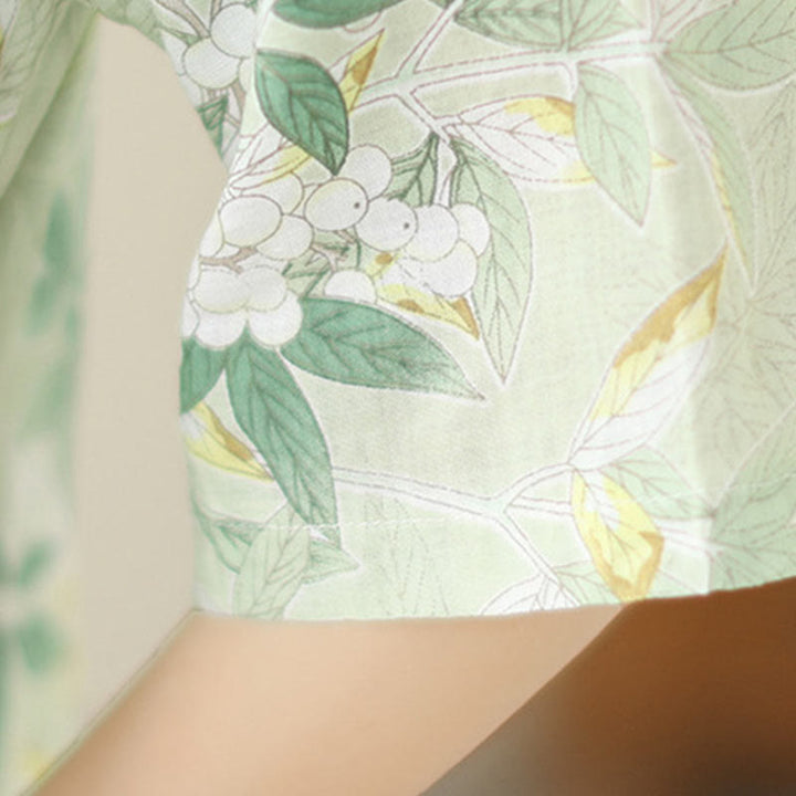 Sukienka midi z żakardową bawełną i lnem w stylu chińskim, cheongsam, z krótkim rękawem i kieszeniami, w kwiaty i Buddha Stones - image 9