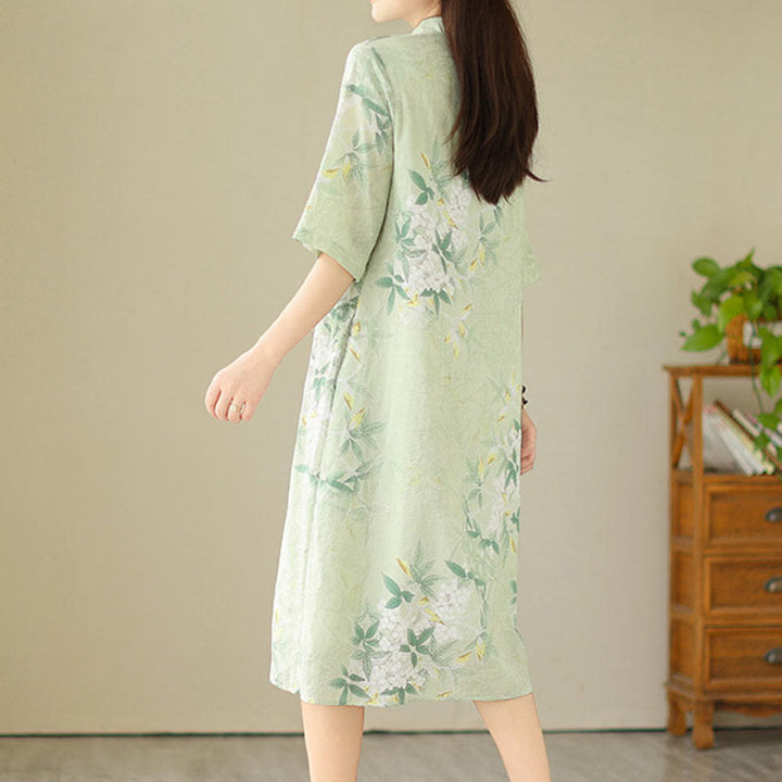Sukienka midi z żakardową bawełną i lnem w stylu chińskim, cheongsam, z krótkim rękawem i kieszeniami, w kwiaty i Buddha Stones - image 1