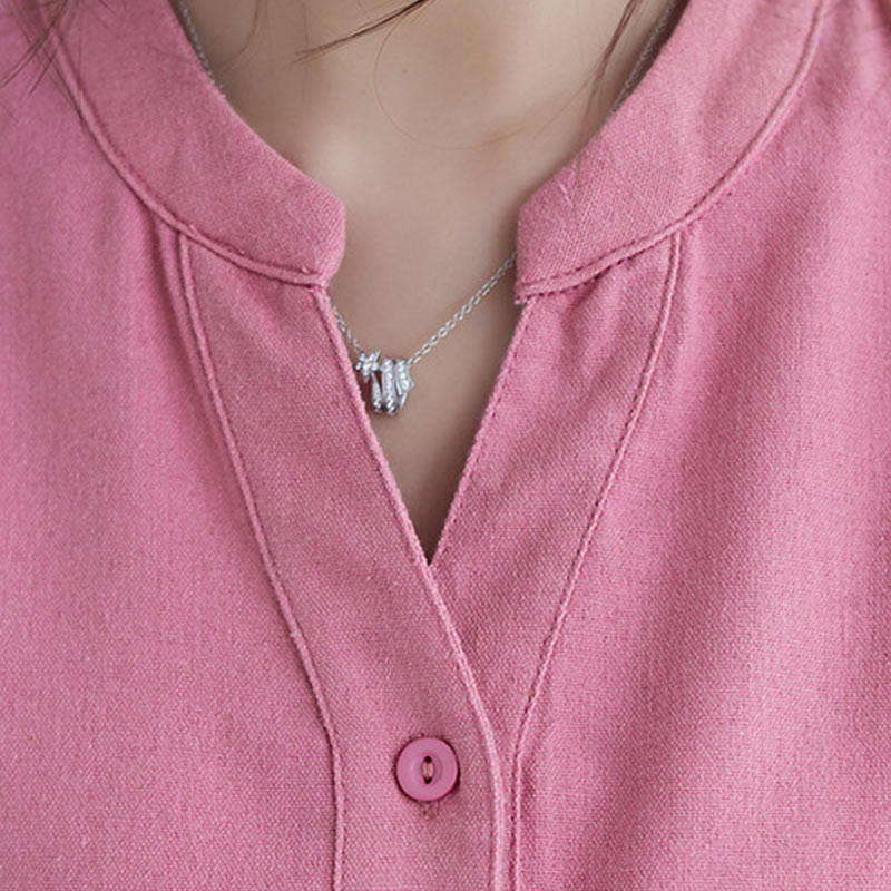 Buddha Stones Casual Codzienny Czysty Kolor Guziki Projekt Krótki Rękaw Bawełna Len Midi Sukienka Z Kieszeniami - image 5