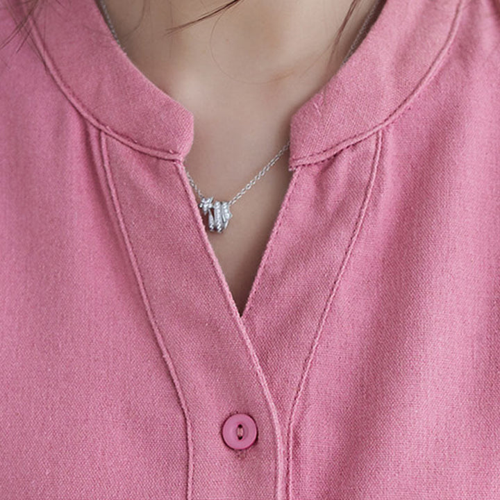 Buddha Stones Casual Codzienny Czysty Kolor Guziki Projekt Krótki Rękaw Bawełna Len Midi Sukienka Z Kieszeniami - image 5