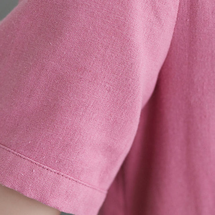 Buddha Stones Casual Codzienny Czysty Kolor Guziki Projekt Krótki Rękaw Bawełna Len Midi Sukienka Z Kieszeniami - image 8