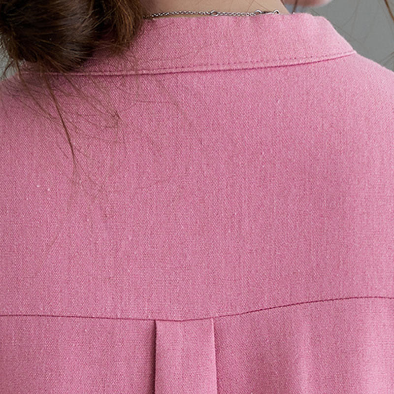 Buddha Stones Casual Codzienny Czysty Kolor Guziki Projekt Krótki Rękaw Bawełna Len Midi Sukienka Z Kieszeniami - image 6