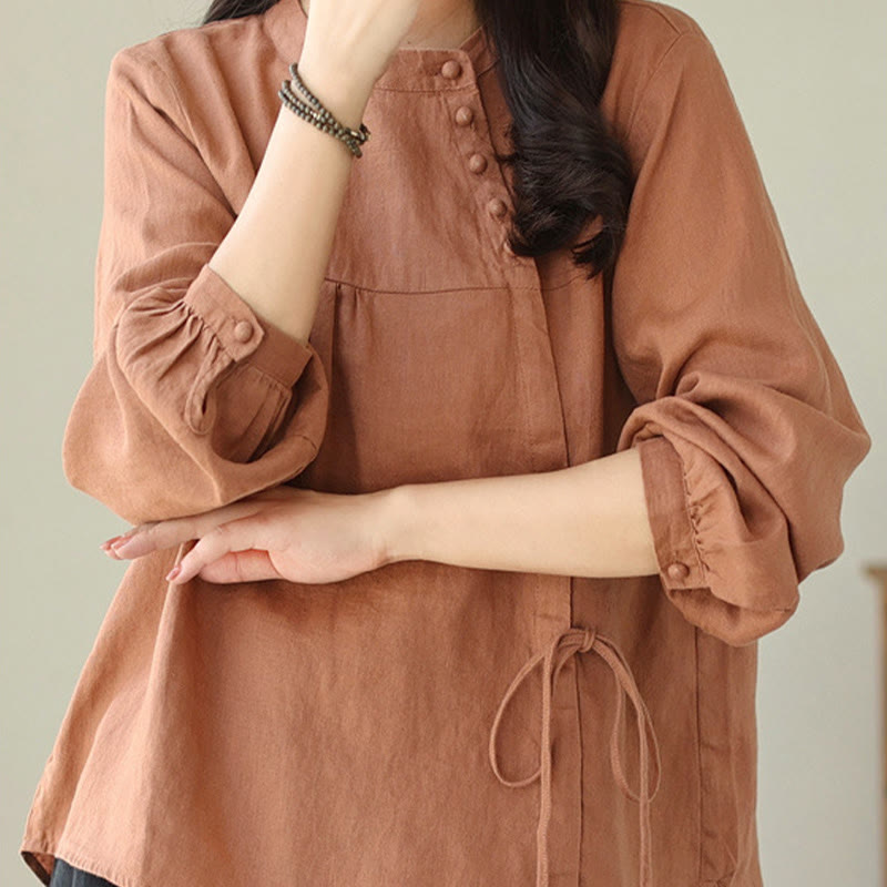 Koszula damska Buddha Stones Fall Casual Solid Color Stand Collar z długim rękawem Cotton Linen - image 3