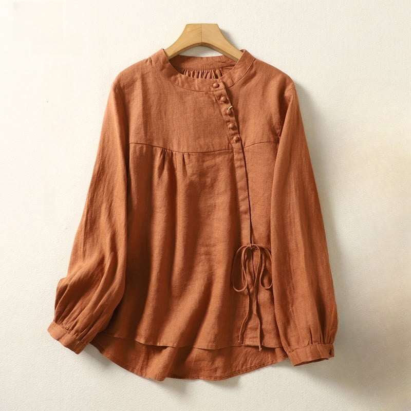 Koszula damska Buddha Stones Fall Casual Solid Color Stand Collar z długim rękawem Cotton Linen - image 1