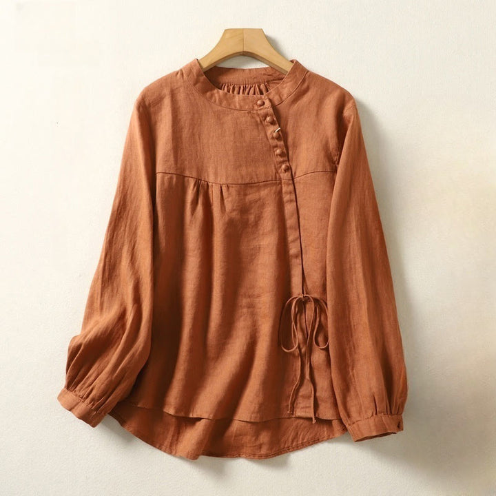Koszula damska Buddha Stones Fall Casual Solid Color Stand Collar z długim rękawem Cotton Linen - image 1
