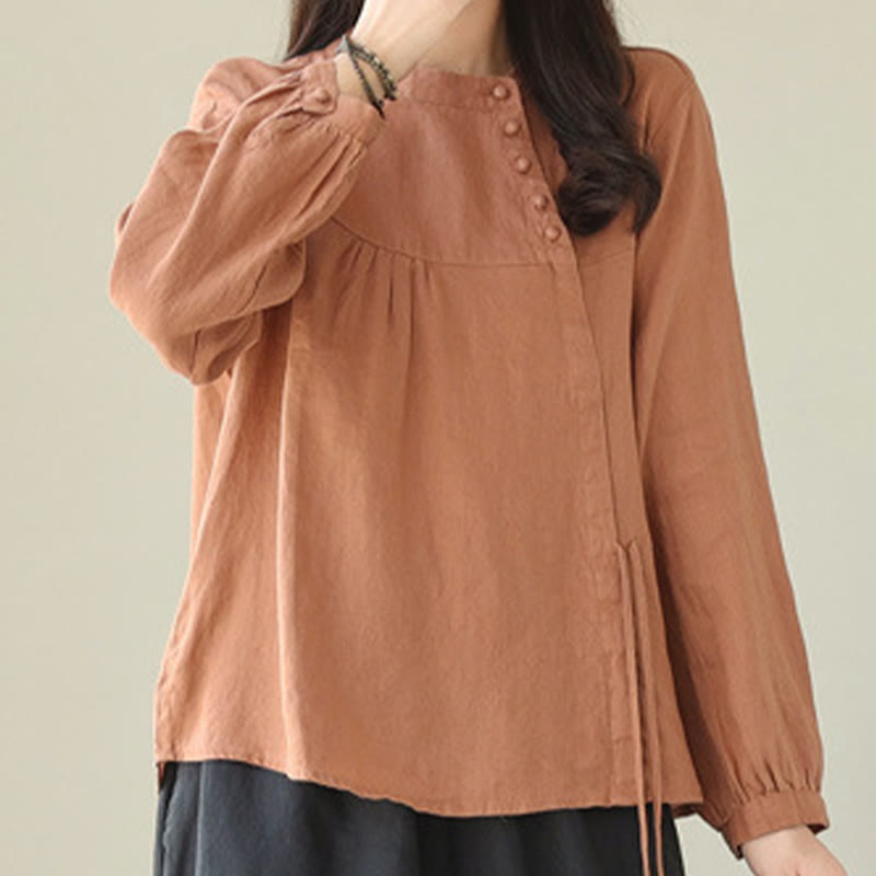 Koszula damska Buddha Stones Fall Casual Solid Color Stand Collar z długim rękawem Cotton Linen - image 5