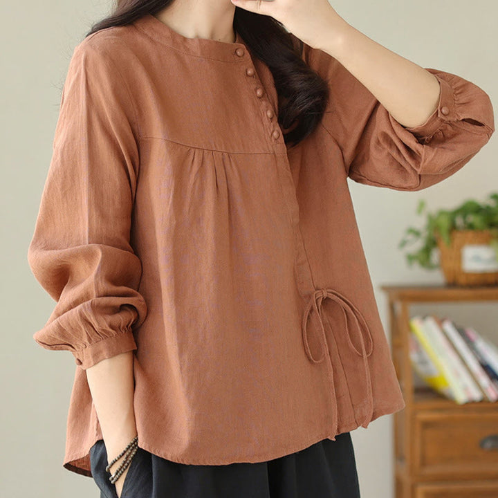 Koszula damska Buddha Stones Fall Casual Solid Color Stand Collar z długim rękawem Cotton Linen - image 6