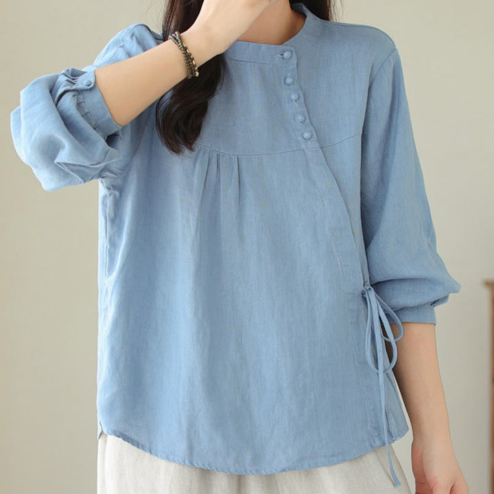 Koszula damska Buddha Stones Fall Casual Solid Color Stand Collar z długim rękawem Cotton Linen - image 11