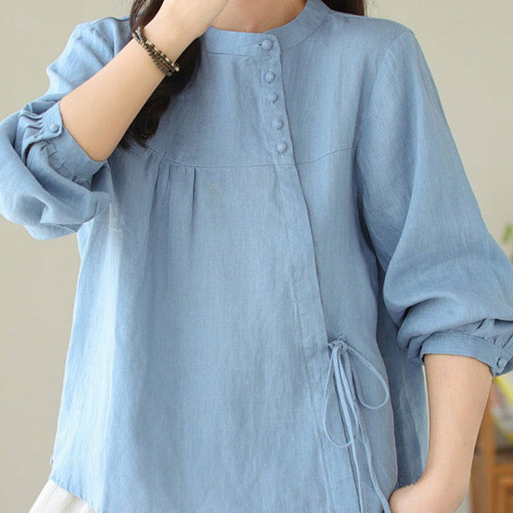 Koszula damska Buddha Stones Fall Casual Solid Color Stand Collar z długim rękawem Cotton Linen - image 10