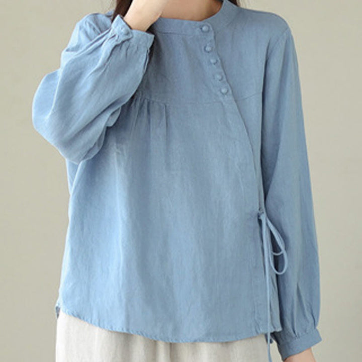 Koszula damska Buddha Stones Fall Casual Solid Color Stand Collar z długim rękawem Cotton Linen - image 9