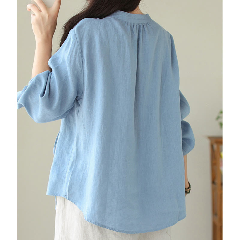 Koszula damska Buddha Stones Fall Casual Solid Color Stand Collar z długim rękawem Cotton Linen - image 12
