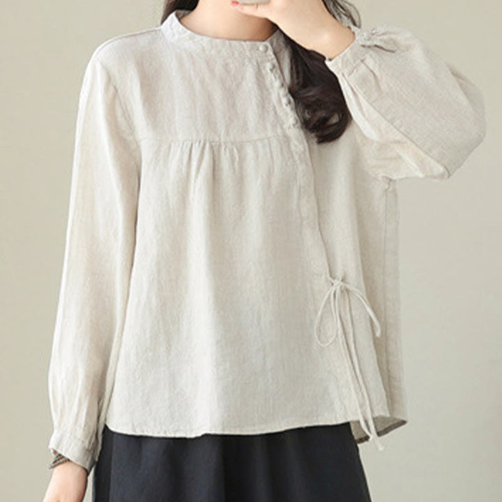 Koszula damska Buddha Stones Fall Casual Solid Color Stand Collar z długim rękawem Cotton Linen - Bielizna - US8-10，UK/AU12-14，EU40-42 (2XL) - image 15