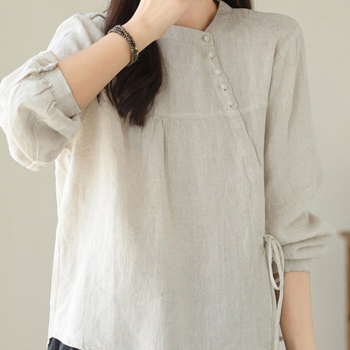 Koszula damska Buddha Stones Fall Casual Solid Color Stand Collar z długim rękawem Cotton Linen - image 17