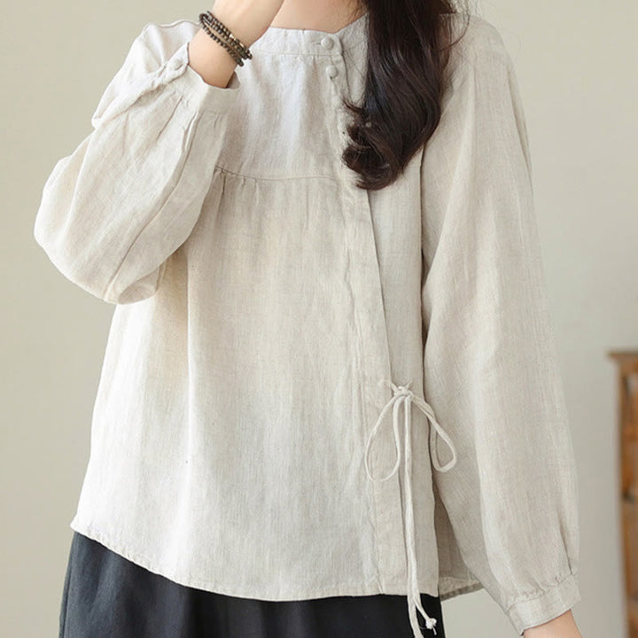 Koszula damska Buddha Stones Fall Casual Solid Color Stand Collar z długim rękawem Cotton Linen - image 19