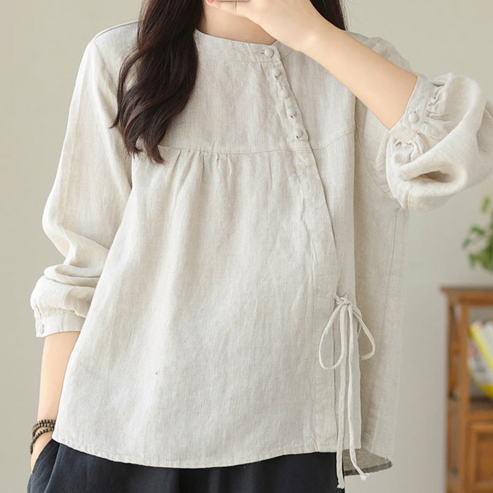 Koszula damska Buddha Stones Fall Casual Solid Color Stand Collar z długim rękawem Cotton Linen - image 18