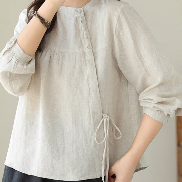 Koszula damska Buddha Stones Fall Casual Solid Color Stand Collar z długim rękawem Cotton Linen - image 15