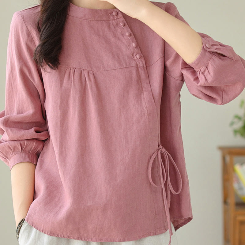 Koszula damska Buddha Stones Fall Casual Solid Color Stand Collar z długim rękawem Cotton Linen - image 27