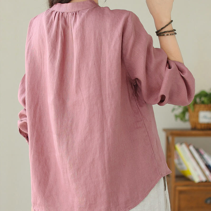 Koszula damska Buddha Stones Fall Casual Solid Color Stand Collar z długim rękawem Cotton Linen - image 23