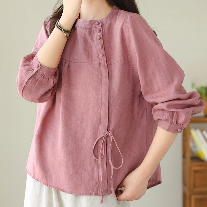 Koszula damska Buddha Stones Fall Casual Solid Color Stand Collar z długim rękawem Cotton Linen - image 26