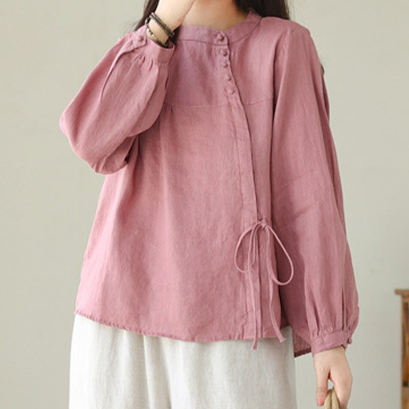 Koszula damska Buddha Stones Fall Casual Solid Color Stand Collar z długim rękawem Cotton Linen - image 25